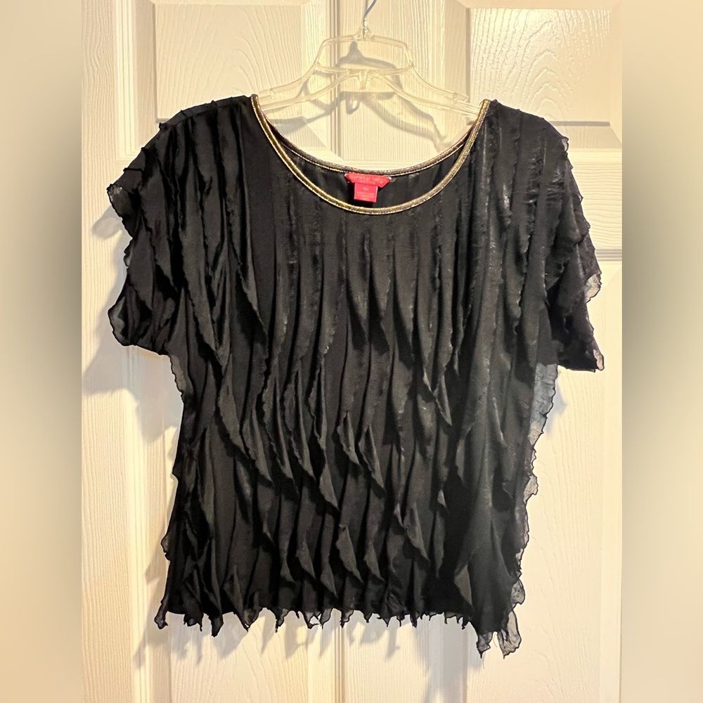 Sunny Leigh Black Short Sleeve Dress Top with Layers and Gold Trim Size MP